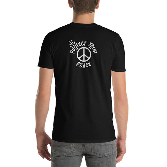 Casual yet impactful 'Stay Weird - Protect Your Peace' t-shirt on a model, promoting peace and individuality.