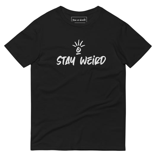 A person wearing 'Stay Weird - Join The Tribe' unisex t-shirt, showcasing a bold statement for self-expression and unity in diversity.