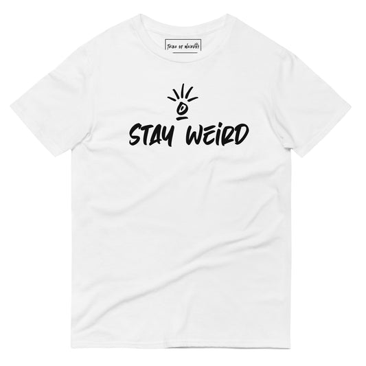 Inspiring 'Stay Weird - Your Vibe Attracts Your Tribe' t-shirt worn with confidence, inviting like-minded souls to connect.