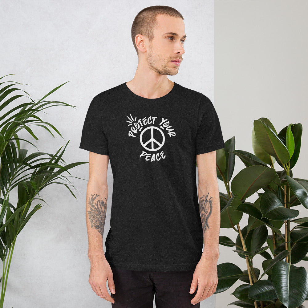 Unisex 'Protect Your Peace - Your Vibe Attracts Your Tribe' T-Shirt in bold black with a distinctive design, celebrating individuality and community belonging, from Tribe of Weirdos.