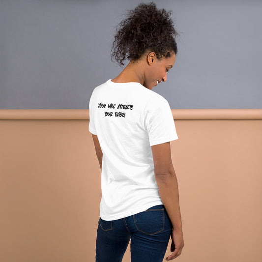 Unisex 'Protect Your Peace - Your Vibe Attracts Your Tribe' T-Shirt in bold black with a distinctive design, celebrating individuality and community belonging, from Tribe of Weirdos.