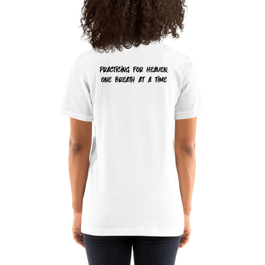 Person wearing 'Stay Weird - Practicing For Heaven One Step At A Time' T-Shirt, symbolizing the journey of life and self-discovery in comfortable style."