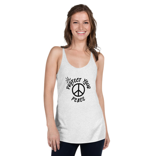 Empowering 'Protect Your Peace - Women's Racerback Tank' in soft fabric, featuring the iconic Tribe of Weirdos emblem, perfect for those who value comfort and a peace-driven lifestyle.