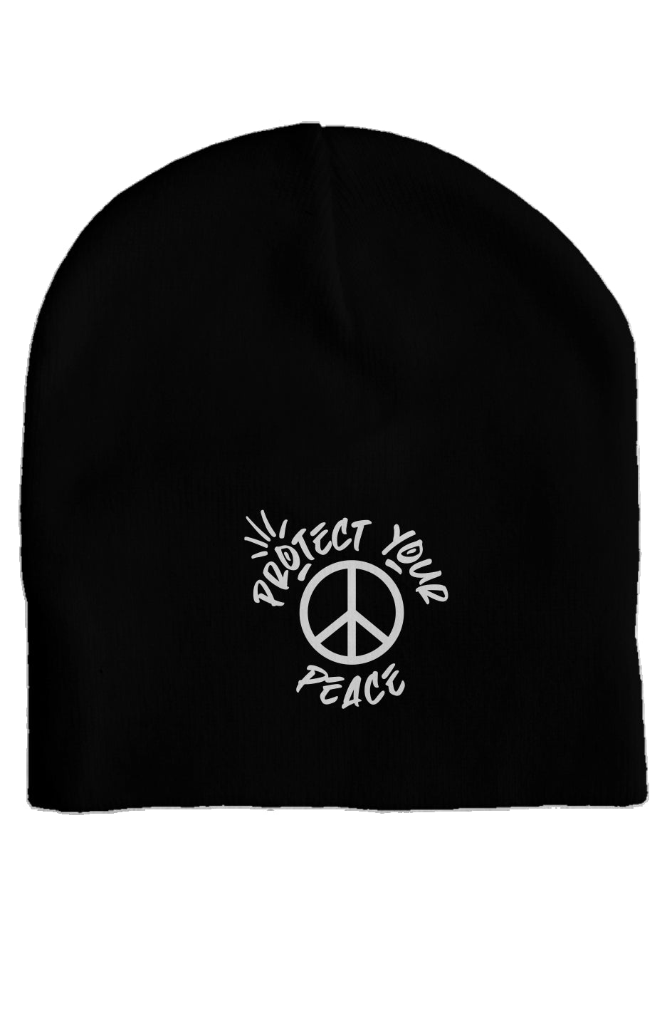 Stylish 'Protect Your Peace' black beanie from Tribe of Weirdos, combining cozy knit fabric with a powerful message of inner serenity and mindfulness.