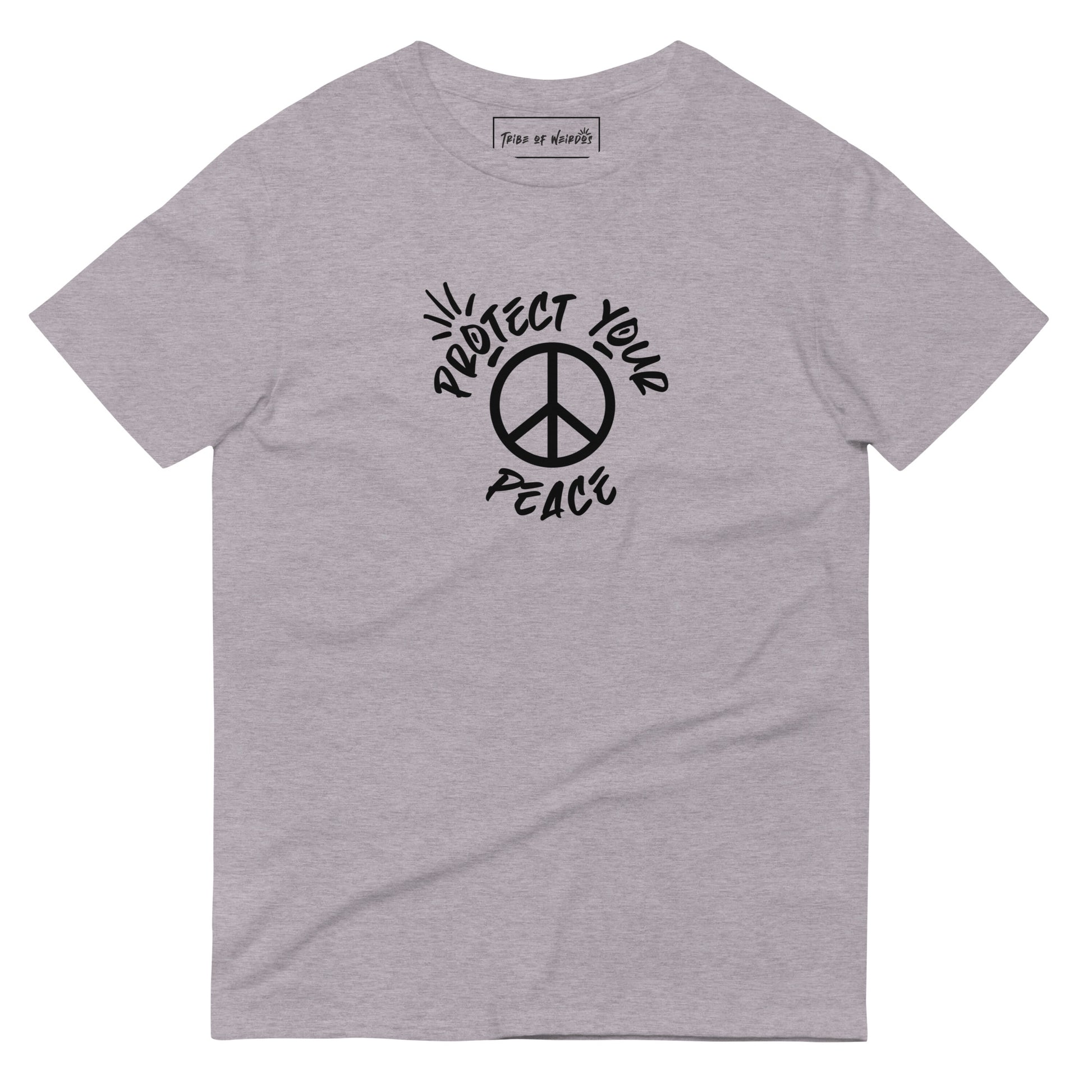 Image showcasing 'Tribe of Weirdos' unisex T-shirt, emblazoned with the 'Protect Your Peace' slogan, promoting individuality and serenity in a comfortable, stylish fit.