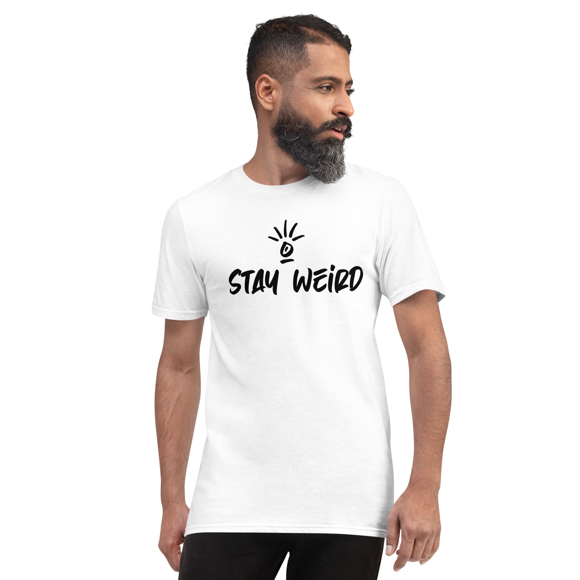 A person wearing 'Stay Weird - Join The Tribe' unisex t-shirt, showcasing a bold statement for self-expression and unity in diversity.