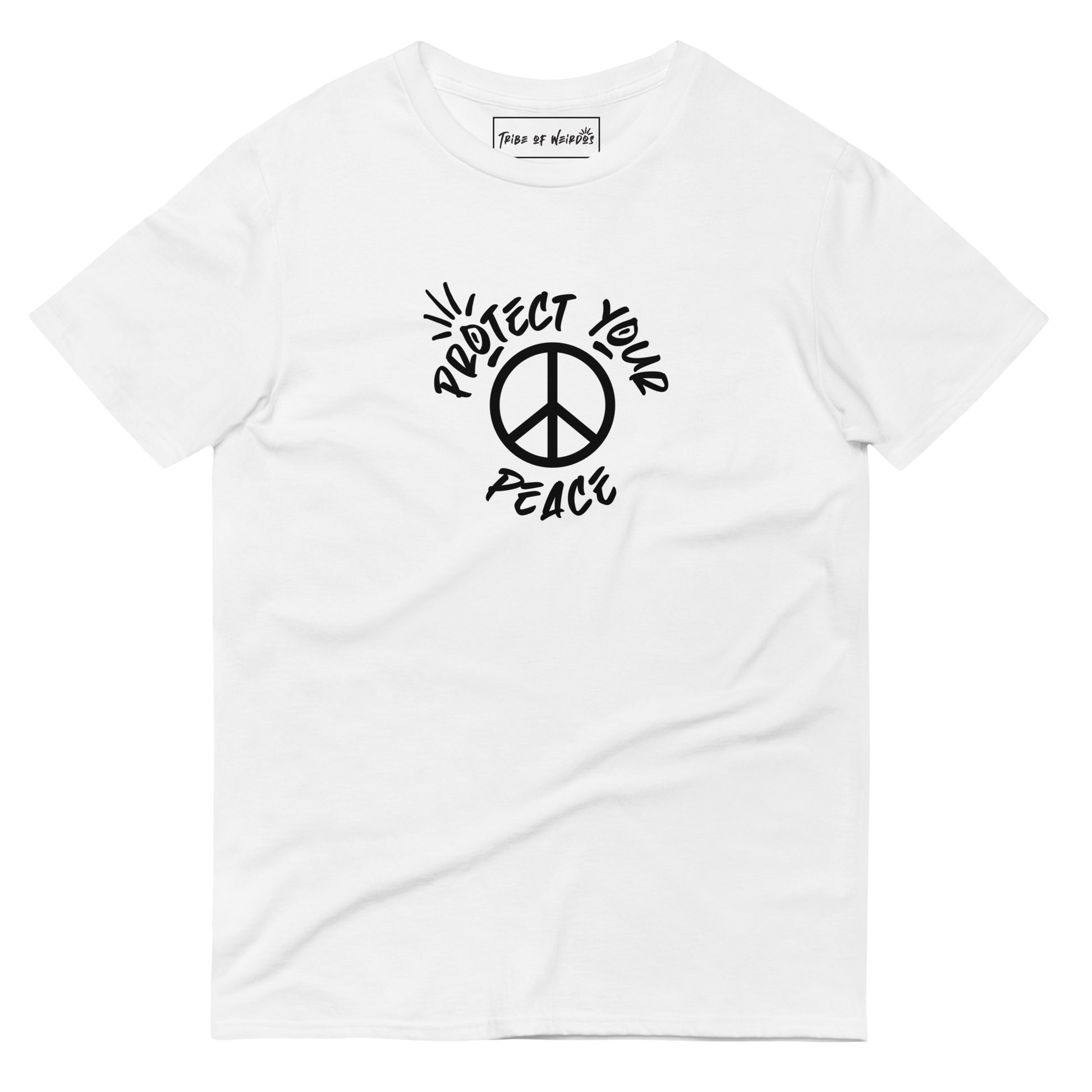 Image showcasing 'Tribe of Weirdos' unisex T-shirt, emblazoned with the 'Protect Your Peace' slogan, promoting individuality and serenity in a comfortable, stylish fit.