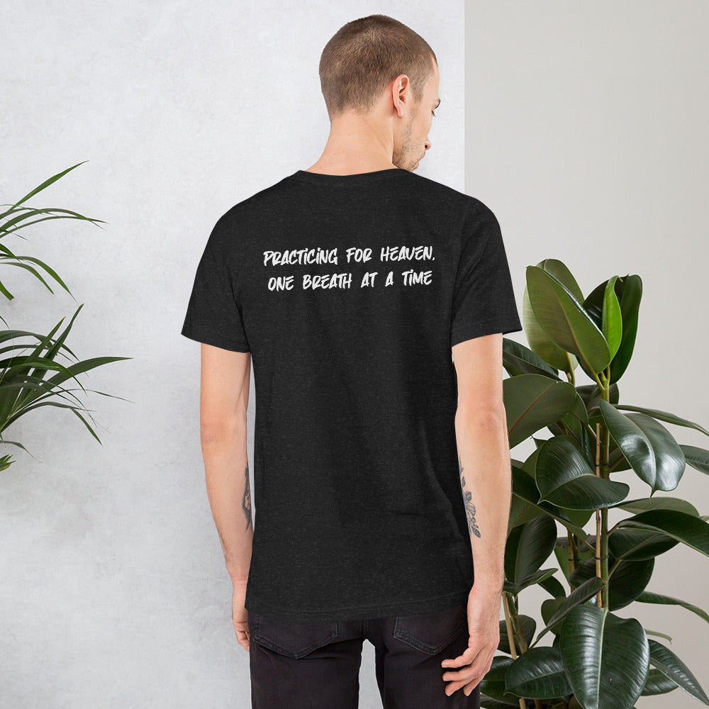 Person wearing 'Stay Weird - Practicing For Heaven One Step At A Time' T-Shirt, symbolizing the journey of life and self-discovery in comfortable style."