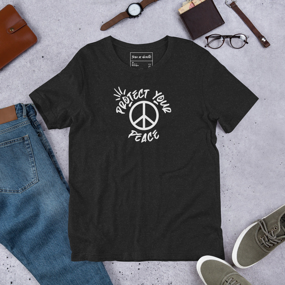 Unisex 'Protect Your Peace - Your Vibe Attracts Your Tribe' T-Shirt in bold black with a distinctive design, celebrating individuality and community belonging, from Tribe of Weirdos.