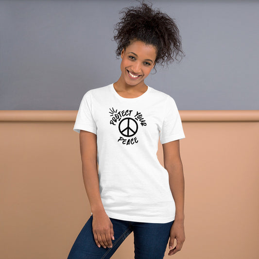Unisex 'Protect Your Peace - Your Vibe Attracts Your Tribe' T-Shirt in bold black with a distinctive design, celebrating individuality and community belonging, from Tribe of Weirdos.