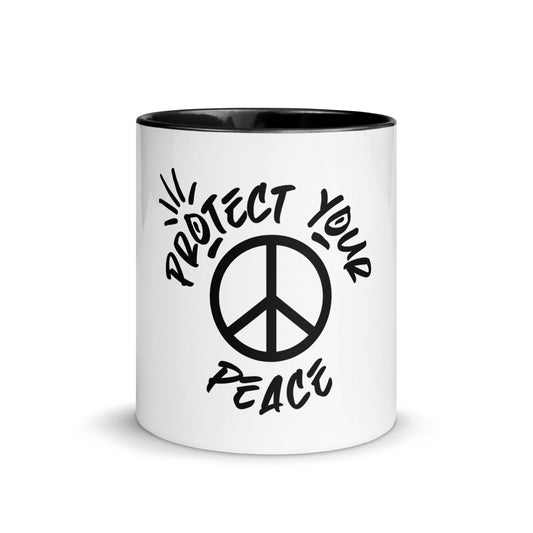 Sturdy 'Protect Your Peace Coffee Mug' bearing the uplifting message from Tribe of Weirdos, crafted to inspire tranquility with your morning coffee or evening tea.