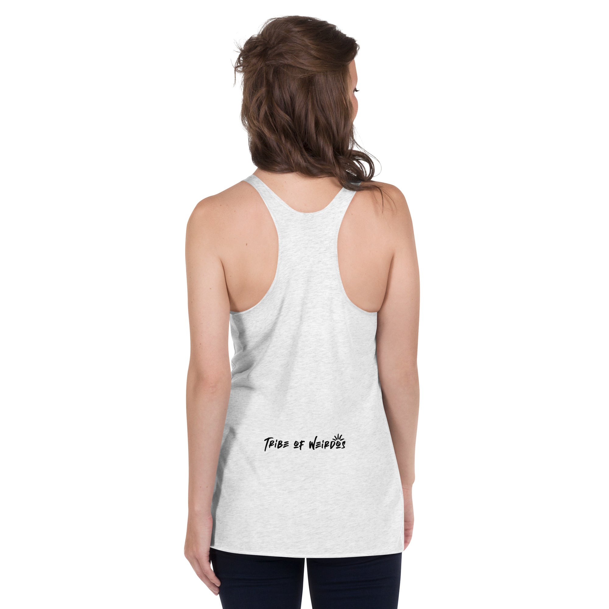 Empowering 'Protect Your Peace - Women's Racerback Tank' in soft fabric, featuring the iconic Tribe of Weirdos emblem, perfect for those who value comfort and a peace-driven lifestyle.