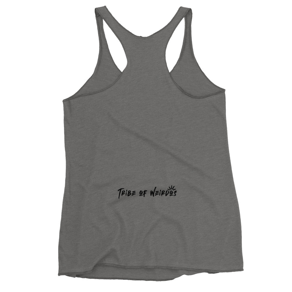 Empowering 'Protect Your Peace - Women's Racerback Tank' in soft fabric, featuring the iconic Tribe of Weirdos emblem, perfect for those who value comfort and a peace-driven lifestyle.
