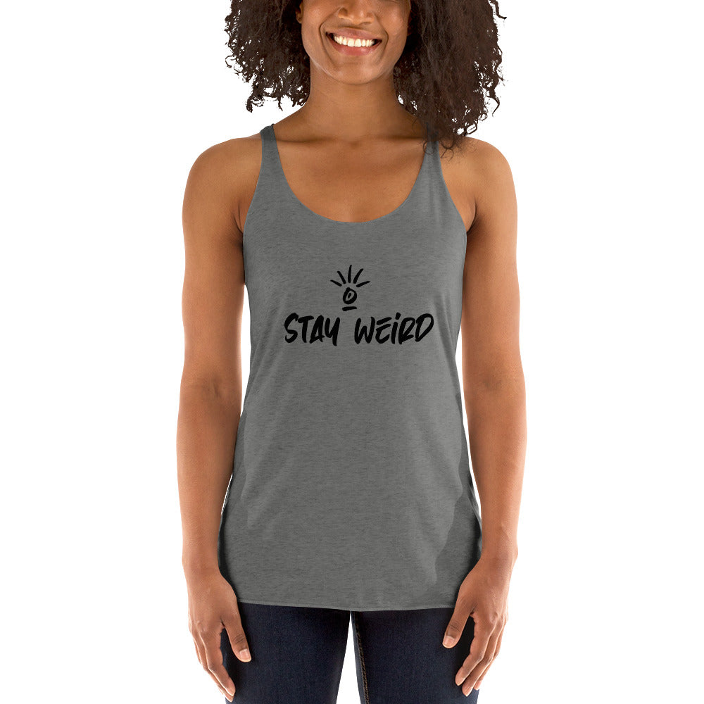 Athletic and expressive woman donning the 'Stay Weird' racerback tank, perfect for those who live and breathe originality.
