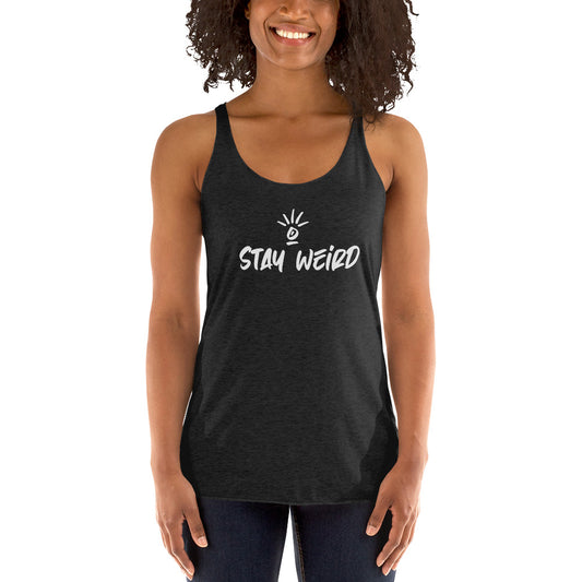 Athletic and expressive woman donning the 'Stay Weird' racerback tank, perfect for those who live and breathe originality.